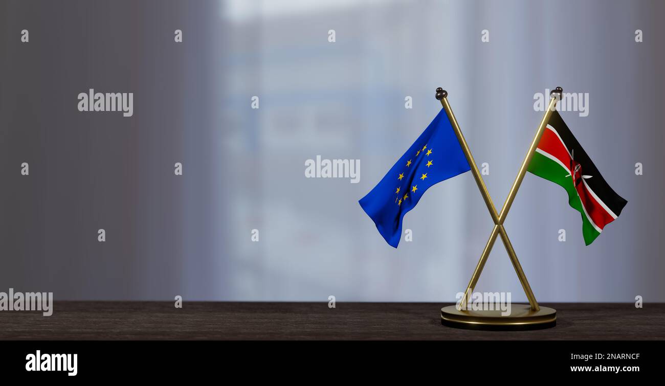 Kenya and Europe flags on table. Negotiation between Kenya and EU. on little blur background. 3D work and 3D image Stock Photo