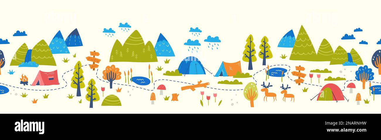 Cute hand drawn vector seamless pattern with camping doodles, tents ...