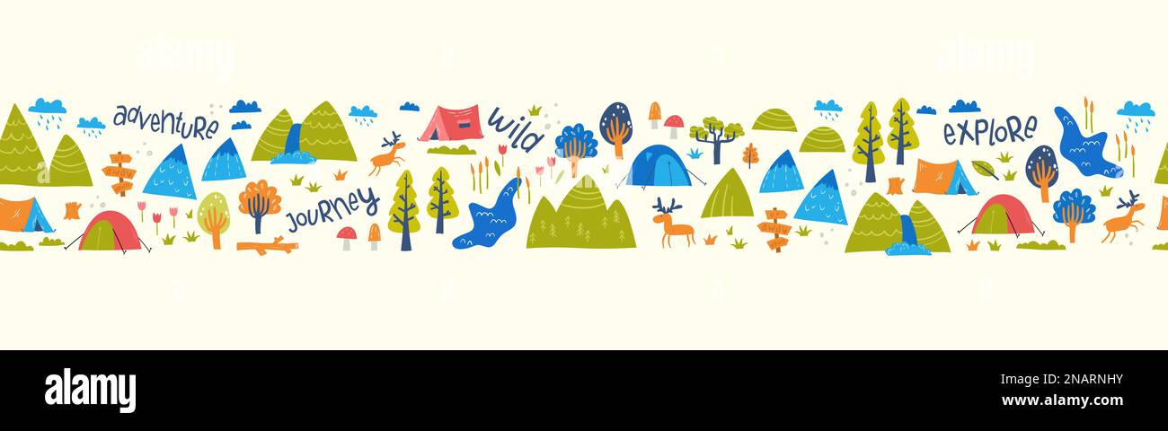 Cute hand drawn vector seamless pattern with camping doodles, tents ...