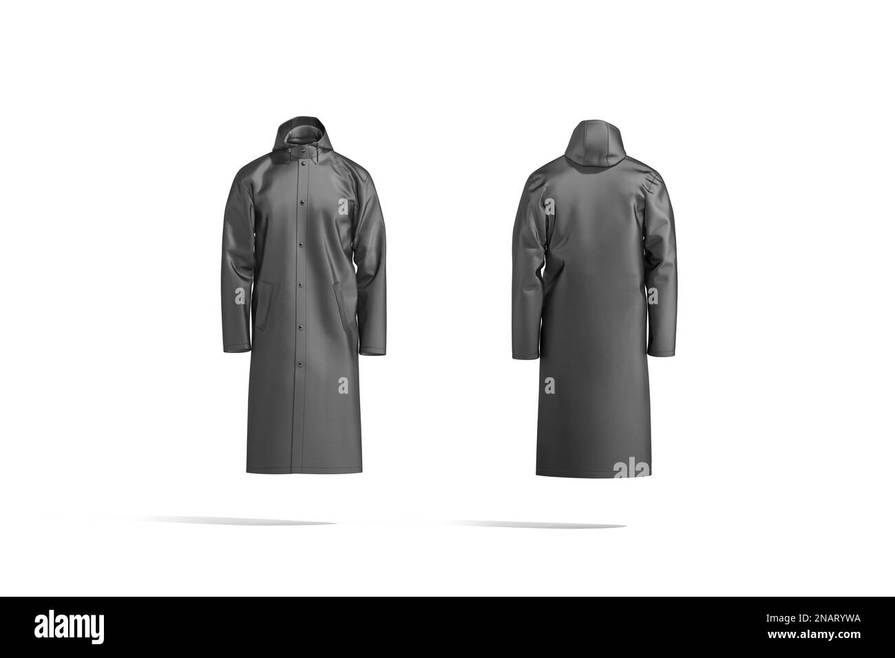 Blank black protective raincoat mockup, front and back view, 3d rendering. Empty polyester protect jacket or outercoat with hood mock up, isolated. Cl Stock Photo
