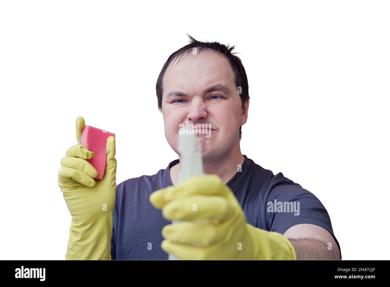 Angry man janitor in yellow gloves, studio isolated on a white background Stock Photo