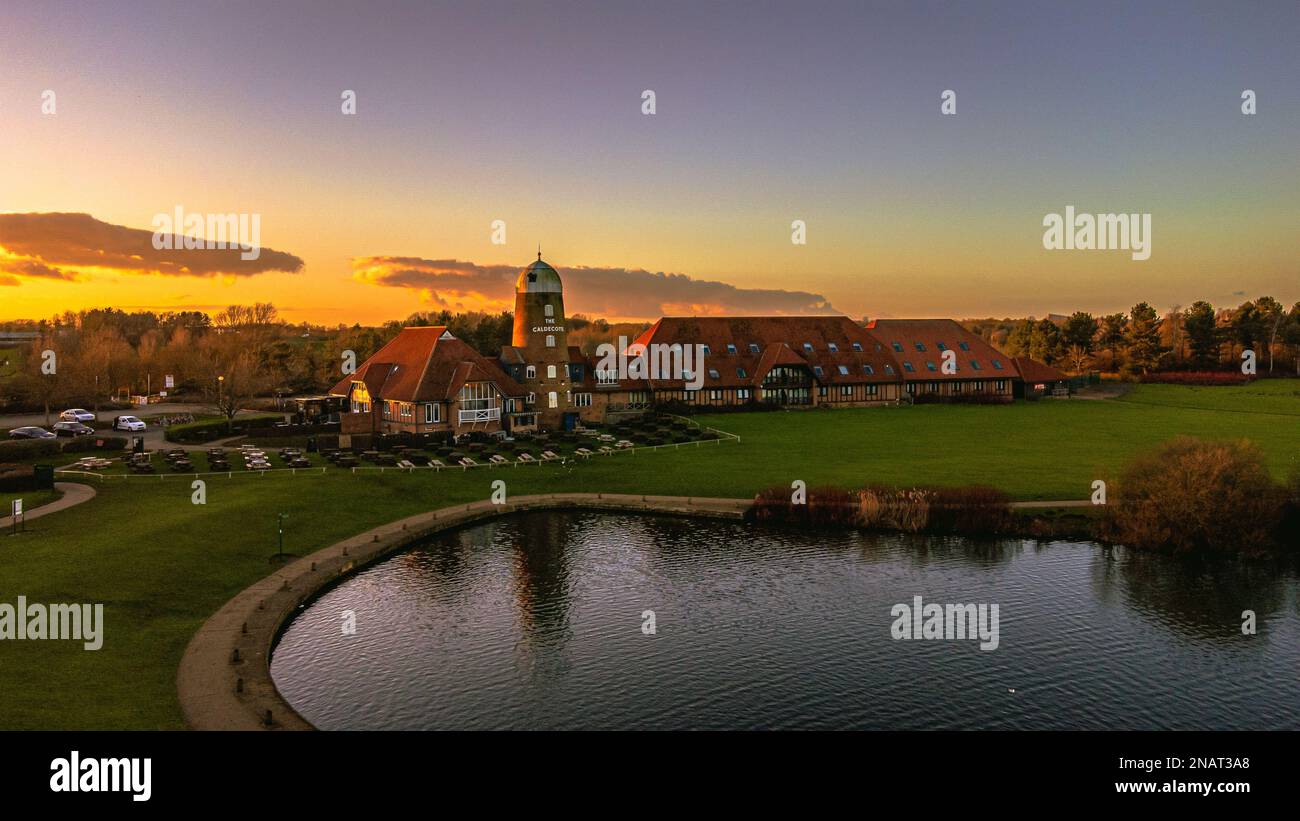 An aerial view of Caldecotte lake and its surroundings at sunset Stock