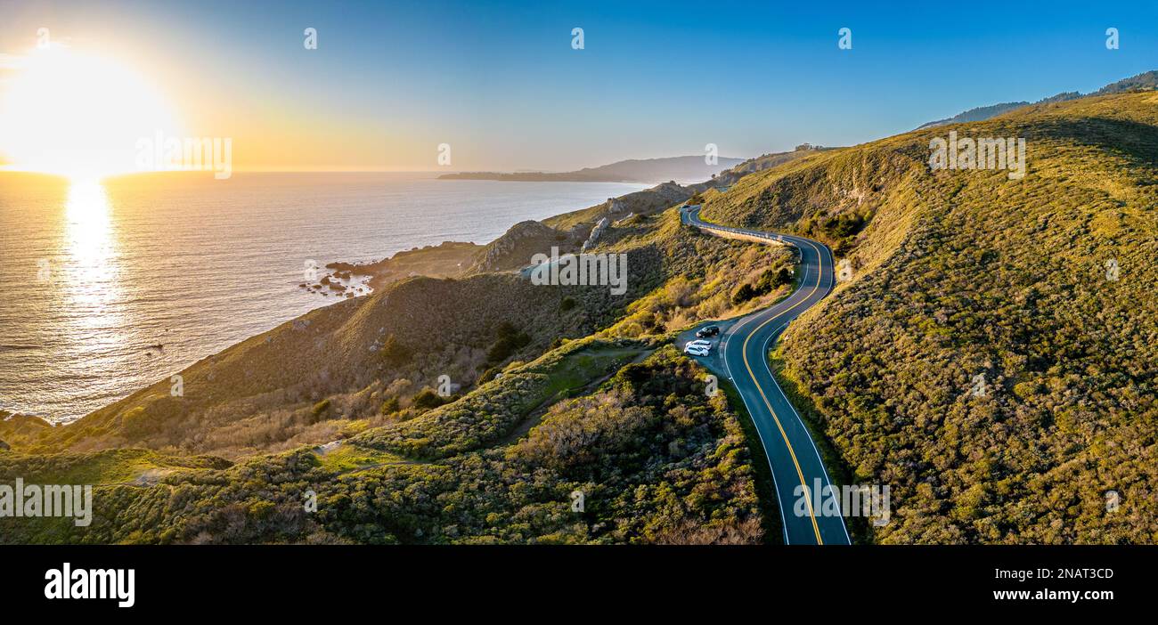 California Raodtrip. Highway 1 Aerial panorama at sunset. Muir Woods, San Francisco Stock Photo