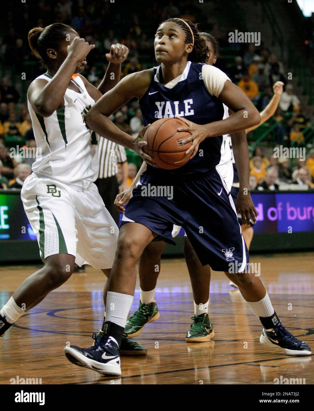 Yale center Zenab Keita, right, works against Baylor guard Kimetria