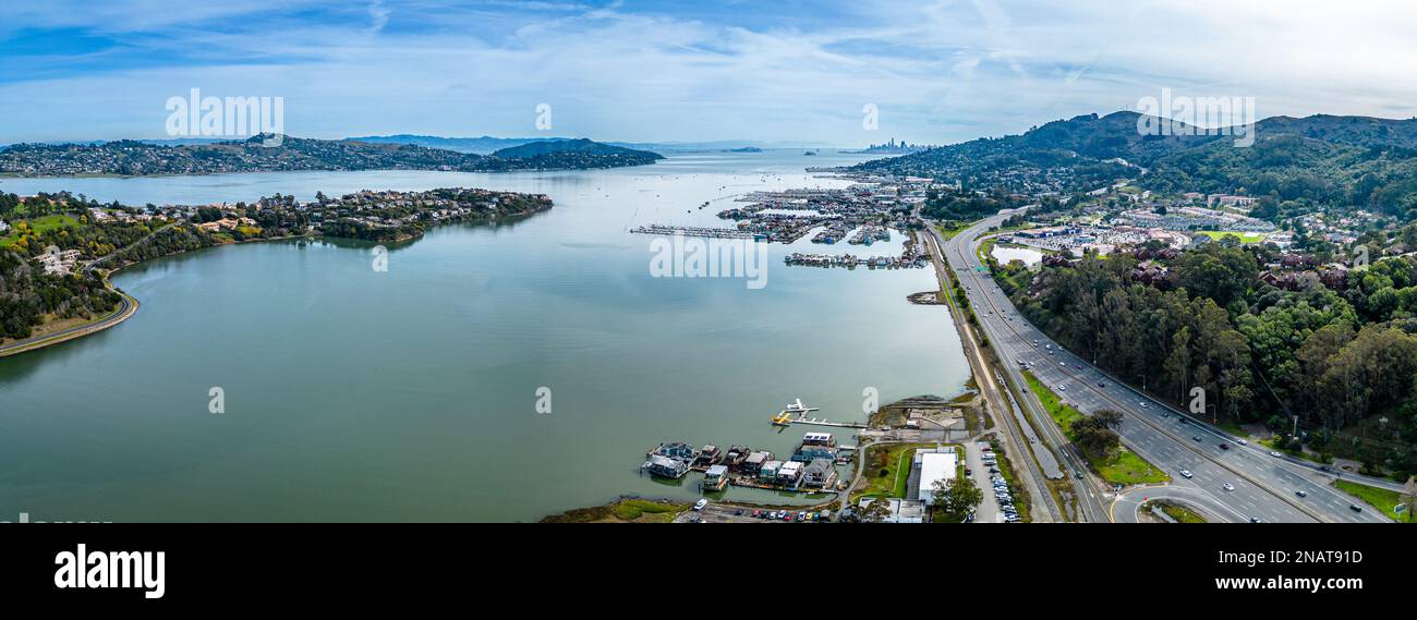 Sausalito Aerial Shot. San Francisco, Bay Area, Pacific Ocean. Scneic Panorama Stock Photo