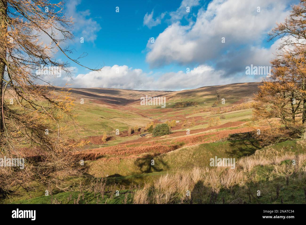 Sunshine and shadows in the Hudes Hope valley as seen from above Skears Hushes. The small building on the valley floor is the Marl Beck mine shop Stock Photo