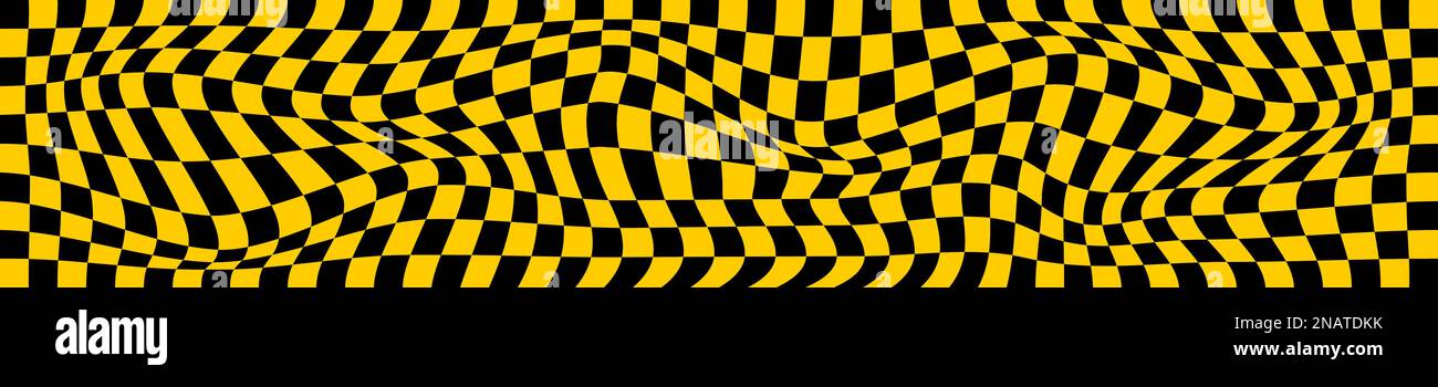 Psychedelic pattern with distorted black and orange squares. Checkered optical illusion. Warped chessboard background. Trippy checkerboard surface Stock Vector