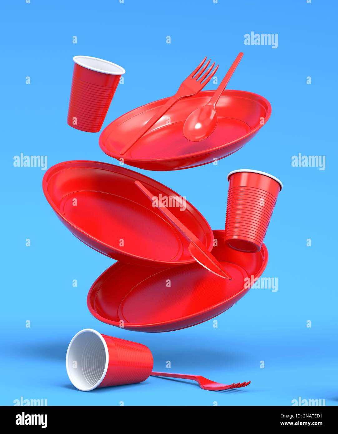 Set of disposable utensils like plate, folk, spoon,knife and cup on