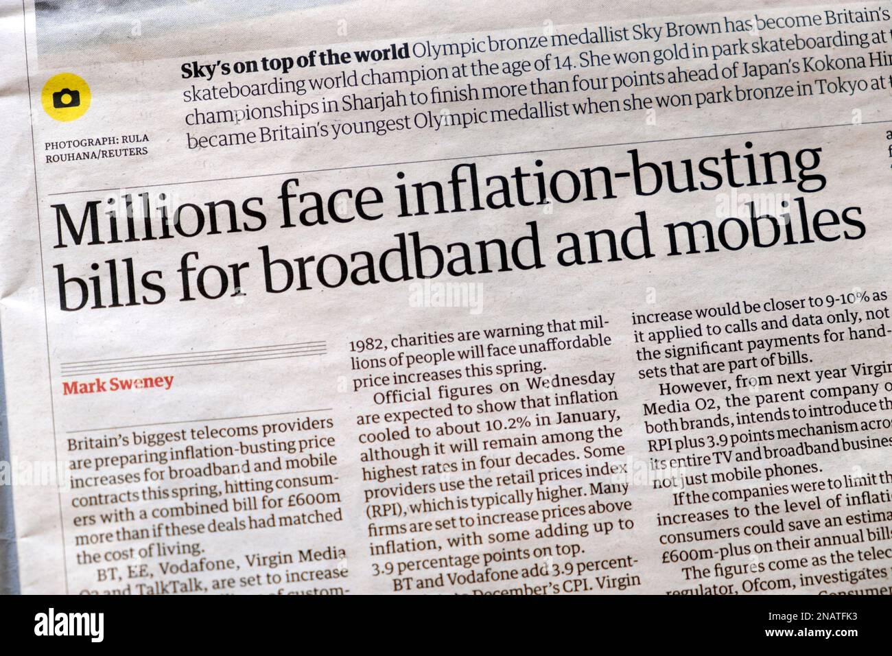 'Millions face inflation - busting bills for broadband and mobiles' Guardian newspaper headline cost of living crisis article 11 February 2023 UK Stock Photo