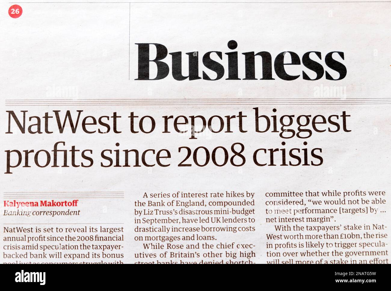 'NatWest to report biggest profits since 2008 crisis' Guardian newspaper headline bank article business cutting 11 February 2023 London UK Britain Stock Photo