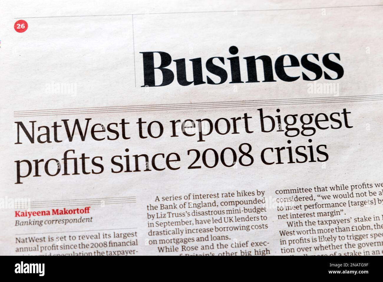 'NatWest to report biggest profits since 2008 crisis' Guardian newspaper headline bank article business cutting 11 February 2023 London UK Britain Stock Photo