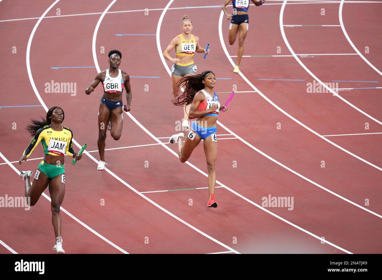 AUG 06, 2021 Tokyo, Japan Gabrielle Thomas and Team USA win the