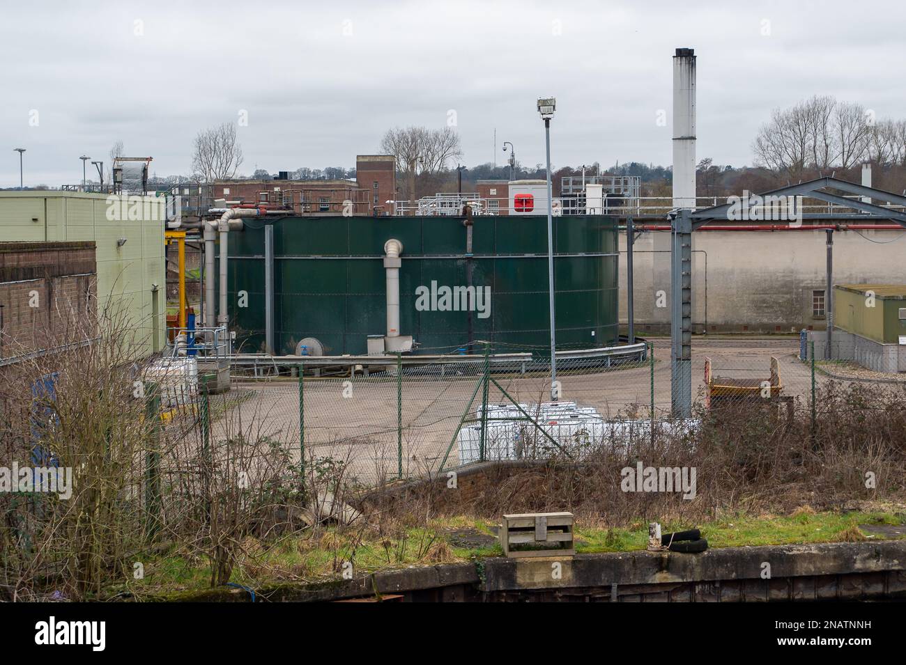 Maple Cross, Hertfordshire, UK. 12th February, 2023. It has been reported in the inews this week that HS2 Ltd, the Government backed company responsible for building the new High Speed 2 railway, have signed an agreement with Thames Water whereby HS2 can send sewage and other 'contaminated' water to the Maple Lodge Sewage Treatment Works (pictured) in Rickmansworth, Hertfordshire which borders Maple Cross. The agreement allows HS2 to send both human waste and 'contaminated' water from their nearby construction works at the HS2 South Portal site in West Hyde to the sewage plant. There have been Stock Photo