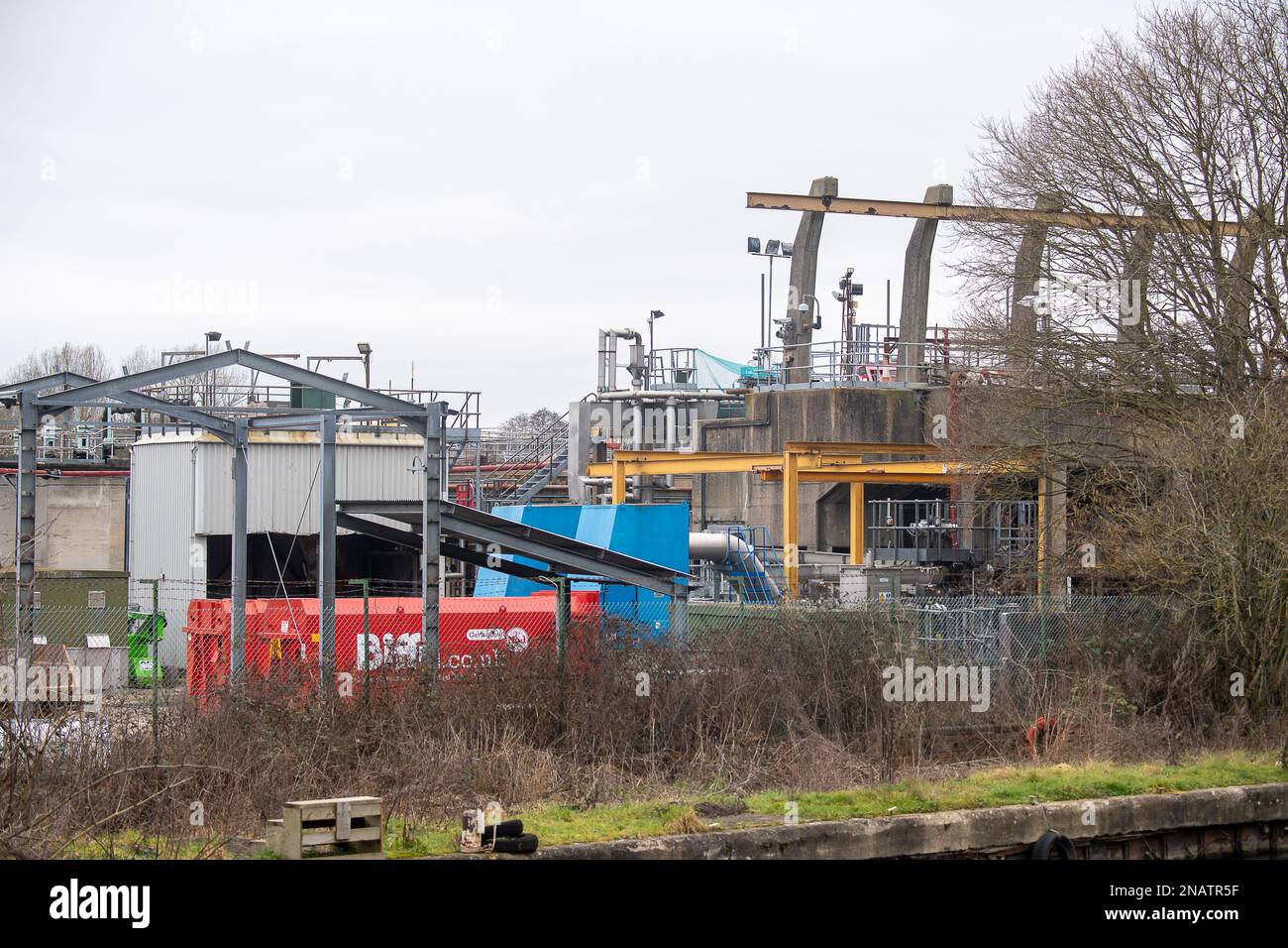 Maple Cross, Hertfordshire, UK. 12th February, 2023. It has been reported in the inews this week that HS2 Ltd, the Government backed company responsible for building the new High Speed 2 railway, have signed an agreement with Thames Water whereby HS2 can send sewage and other 'contaminated' water to the Maple Lodge Sewage Treatment Works (pictured) in Rickmansworth, Hertfordshire which borders Maple Cross. The agreement allows HS2 to send both human waste and 'contaminated' water from their nearby construction works at the HS2 South Portal site in West Hyde to the sewage plant. There have been Stock Photo