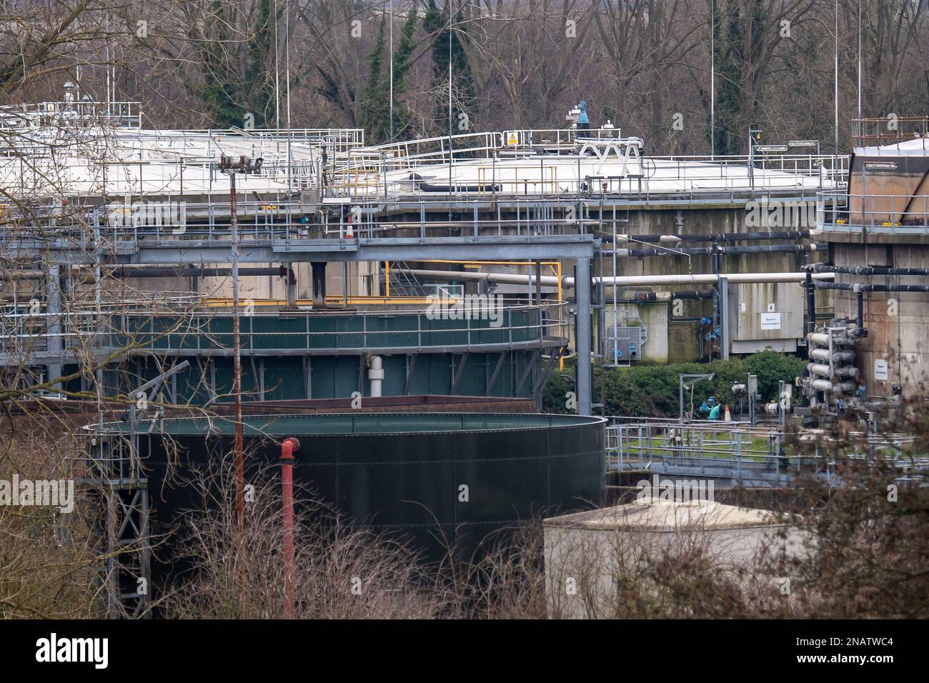 Maple Cross, Hertfordshire, UK. 12th February, 2023. It has been reported in the inews this week that HS2 Ltd, the Government backed company responsible for building the new High Speed 2 railway, have signed an agreement with Thames Water whereby HS2 can send sewage and other 'contaminated' water to the Maple Lodge Sewage Treatment Works (pictured) in Rickmansworth, Hertfordshire which borders Maple Cross. The agreement allows HS2 to send both human waste and 'contaminated' water from their nearby construction works at the HS2 South Portal site in West Hyde to the sewage plant. There have been Stock Photo