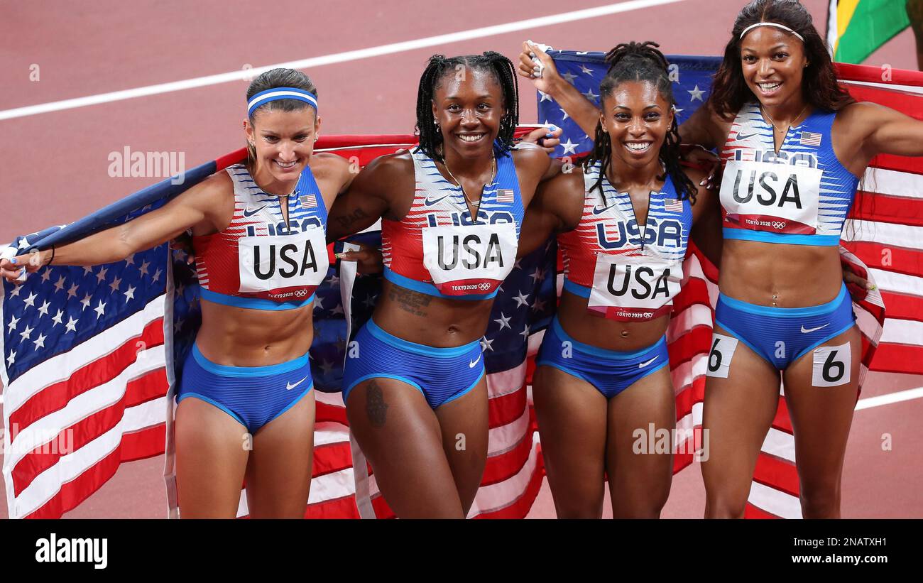 AUG 06, 2021 - Tokyo, Japan: Jenna Prandini and Team United States celebrate winning the Silver Medal in the Athletics Women's 4 x 100m Relay Final at Stock Photo