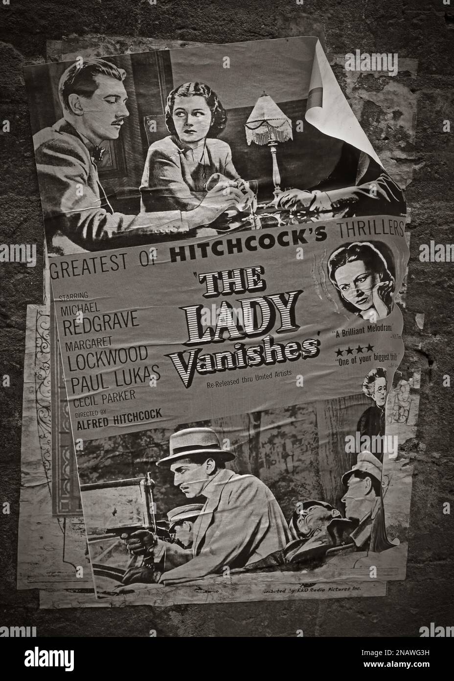 BW Cinema poster / flyer / handbill, for Alfred Hitchcock's thriller film, The Lady Vanishes, starring Michael Redgrave, Margaret Lockwood 1938 Stock Photo