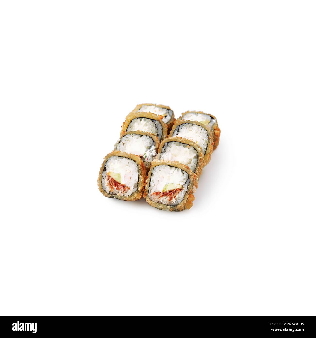 The set of 8 tempura sushi rolls Tokyo in Tempuralon a white background