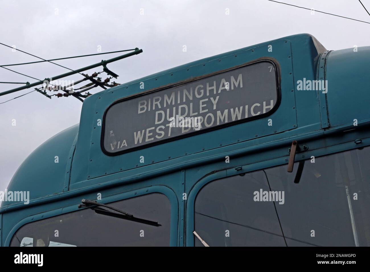 Antique trolley bus, MXX340 Guy, to Birmingham, Dudley, via West Bromwich - one ex-London Transport GS type buses Stock Photo