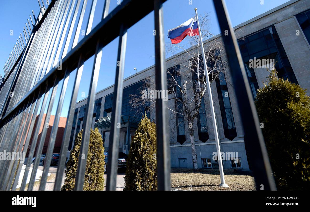 The flag flies outside the embassy of the Russian Federation to Canada