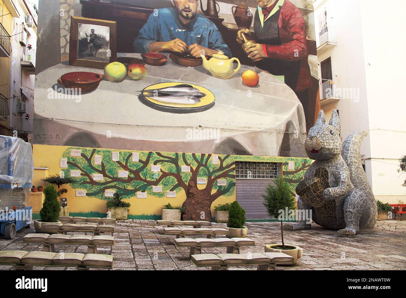 Gaeta, Italy. Piazza Goliarda Sapienza, with benches shaped like open