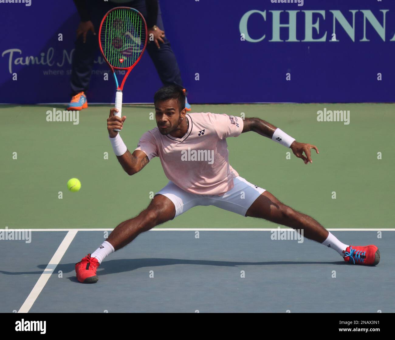 CHENNAI, 13/02/2023, India Sumit Nagal plays a shot against South Korea tennis player Nam Ji