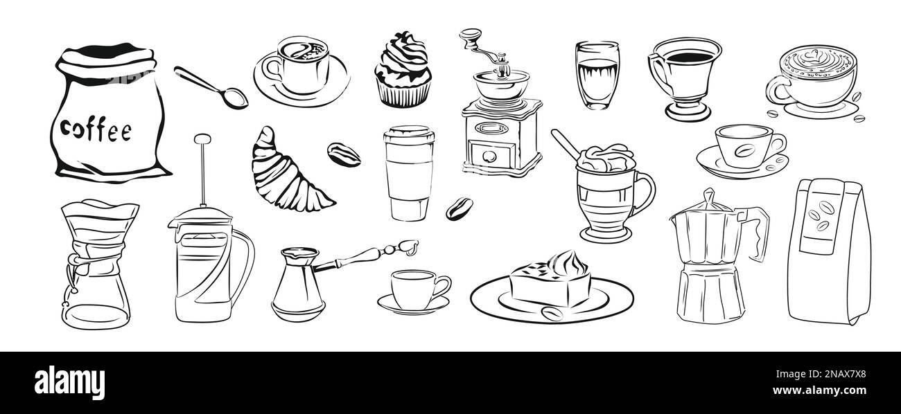 Coffee drink elements hand drawn vector illustrations line art collection. Stock Vector