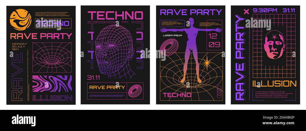 Psychedelic posters. Acid trippy party flyers surreal retro 70s 80s style, funky groovy strange rave strange symbols for banner design. Vector set Stock Vector