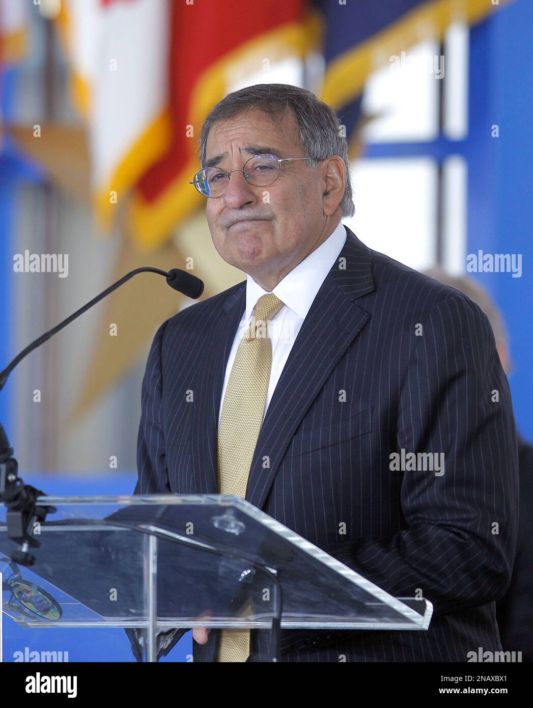 Defense Secretary Leon speaks at the dedication ceremony of the