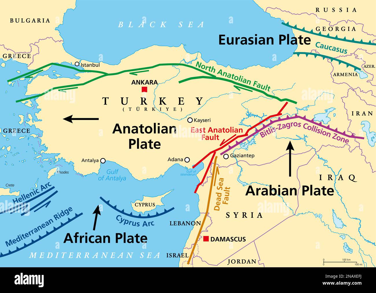 Anatolian Plate tectonics map. Most of the country of Turkey is located on this continental tectonic plate. Stock Photo