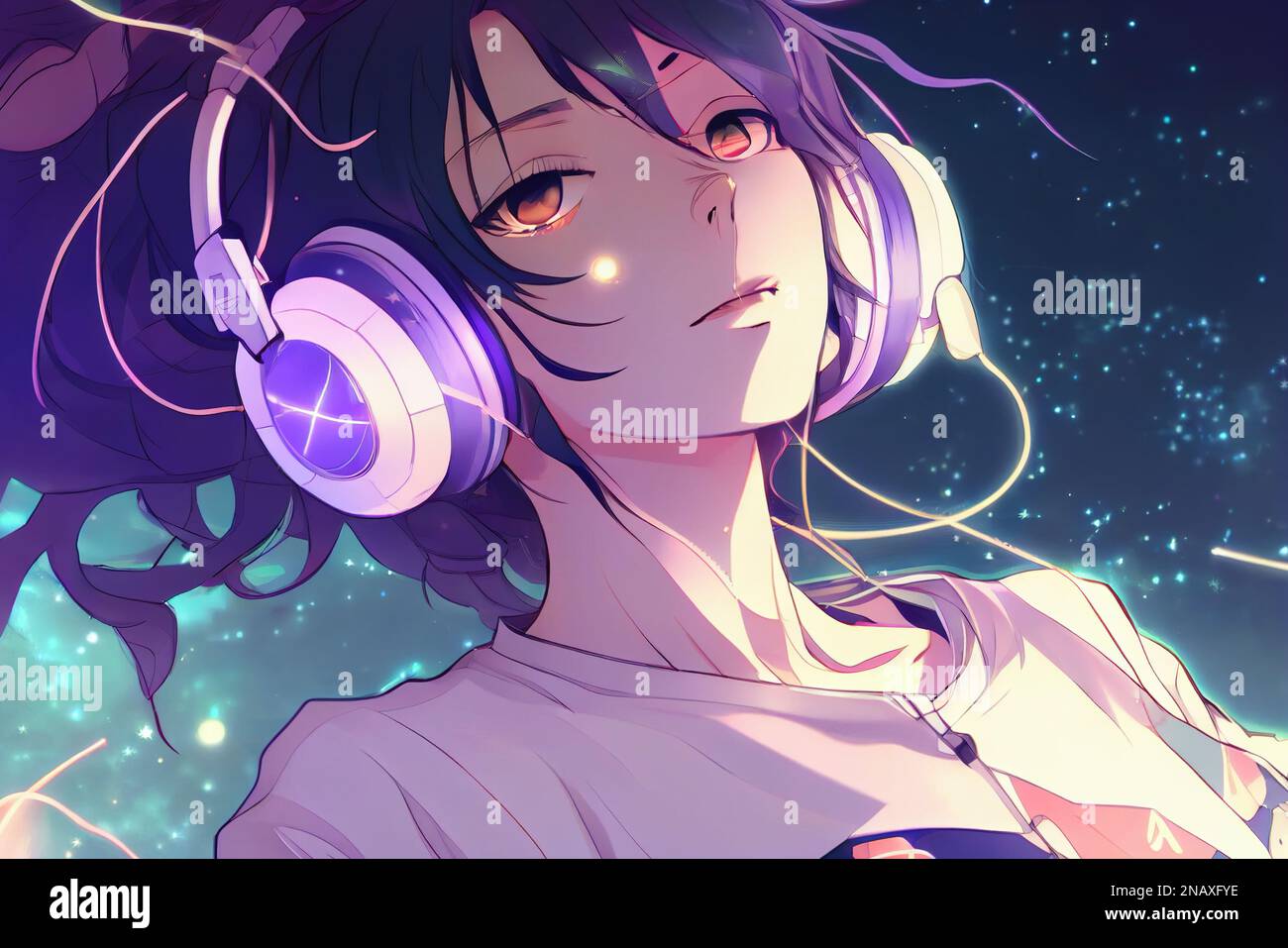 anime girl in neon headphones. Generative AI Stock Photo - Alamy