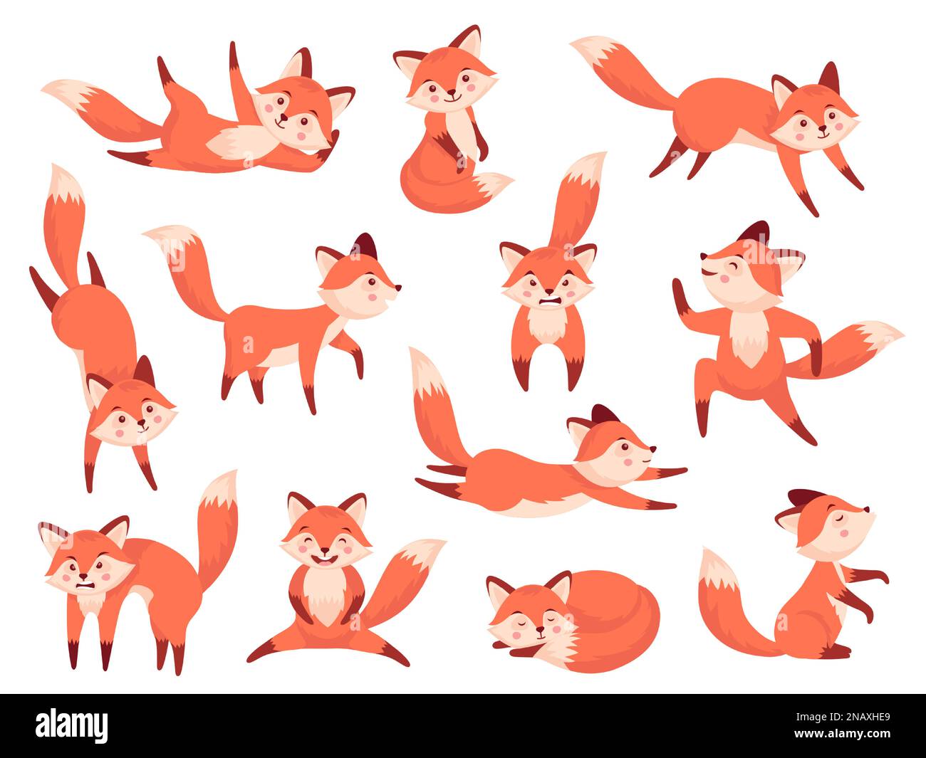Fox character. Cute cartoon wildlife red mammals in different poses and actions, orange forest fur animals with funny emotions on faces. Vector flat Stock Vector