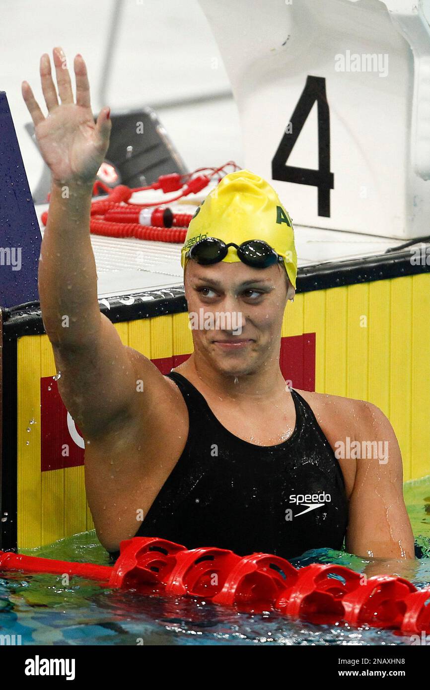Australia's Blair Evans celebrates after winning women's 400 meter