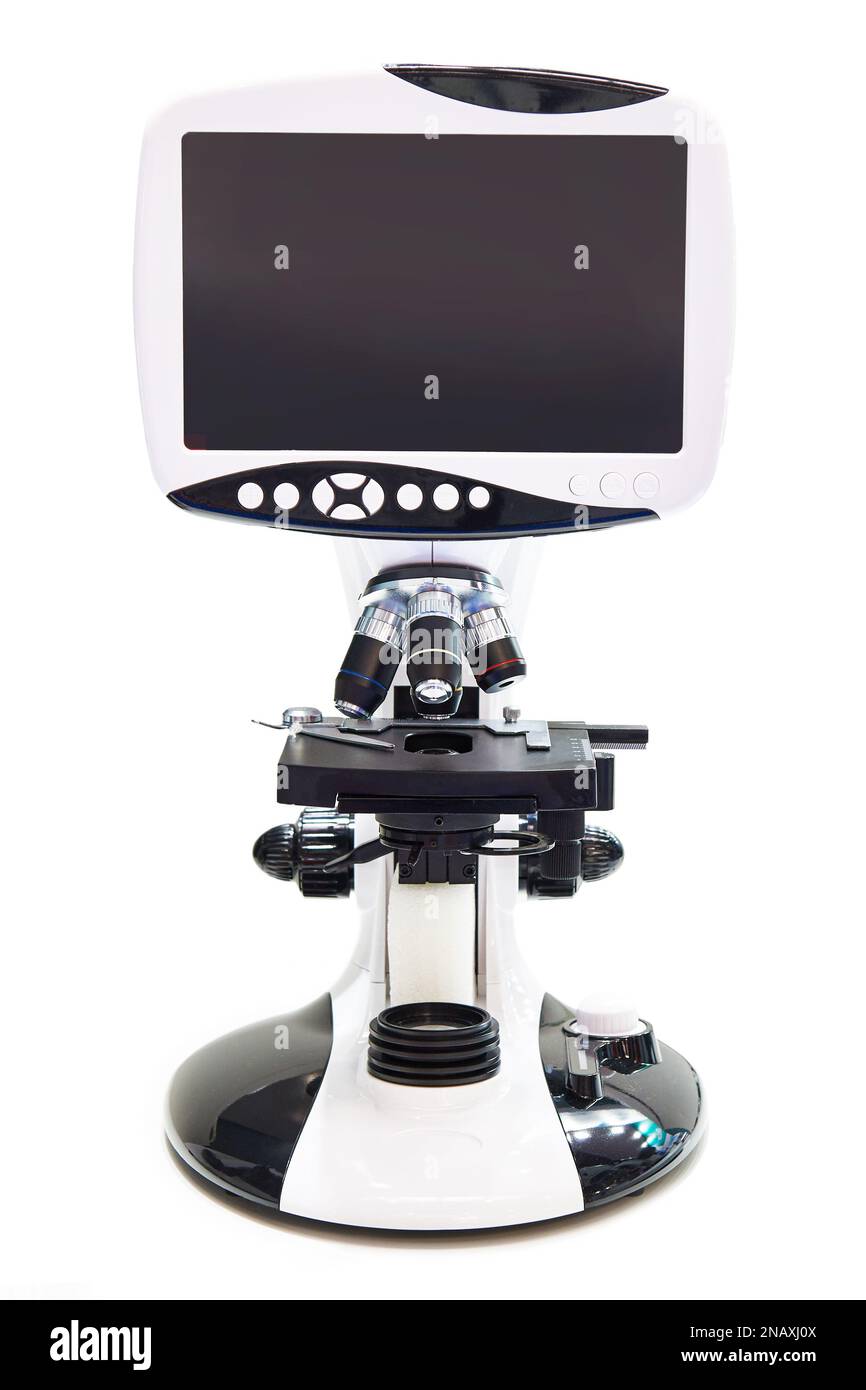 Research microscopes with computers monitor isolated white Stock Photo