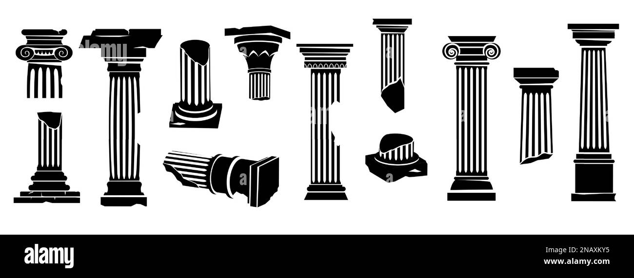 Ancient greek columns silhouette. Black classic roman architectural building elements, monochrome antique pillars and pedestals flat style. Vector Stock Vector