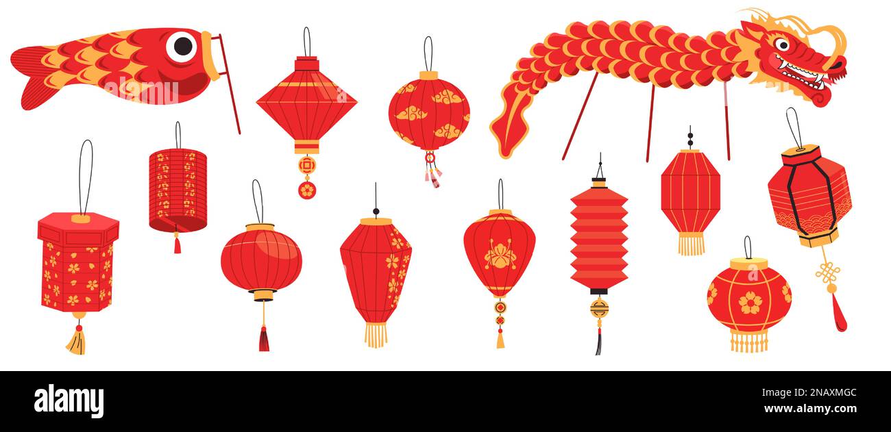 Traditional Chinese lantern. Cartoon asian paper lamps with tassel for New year celebration, oriental festival street decoration different shape Stock Vector