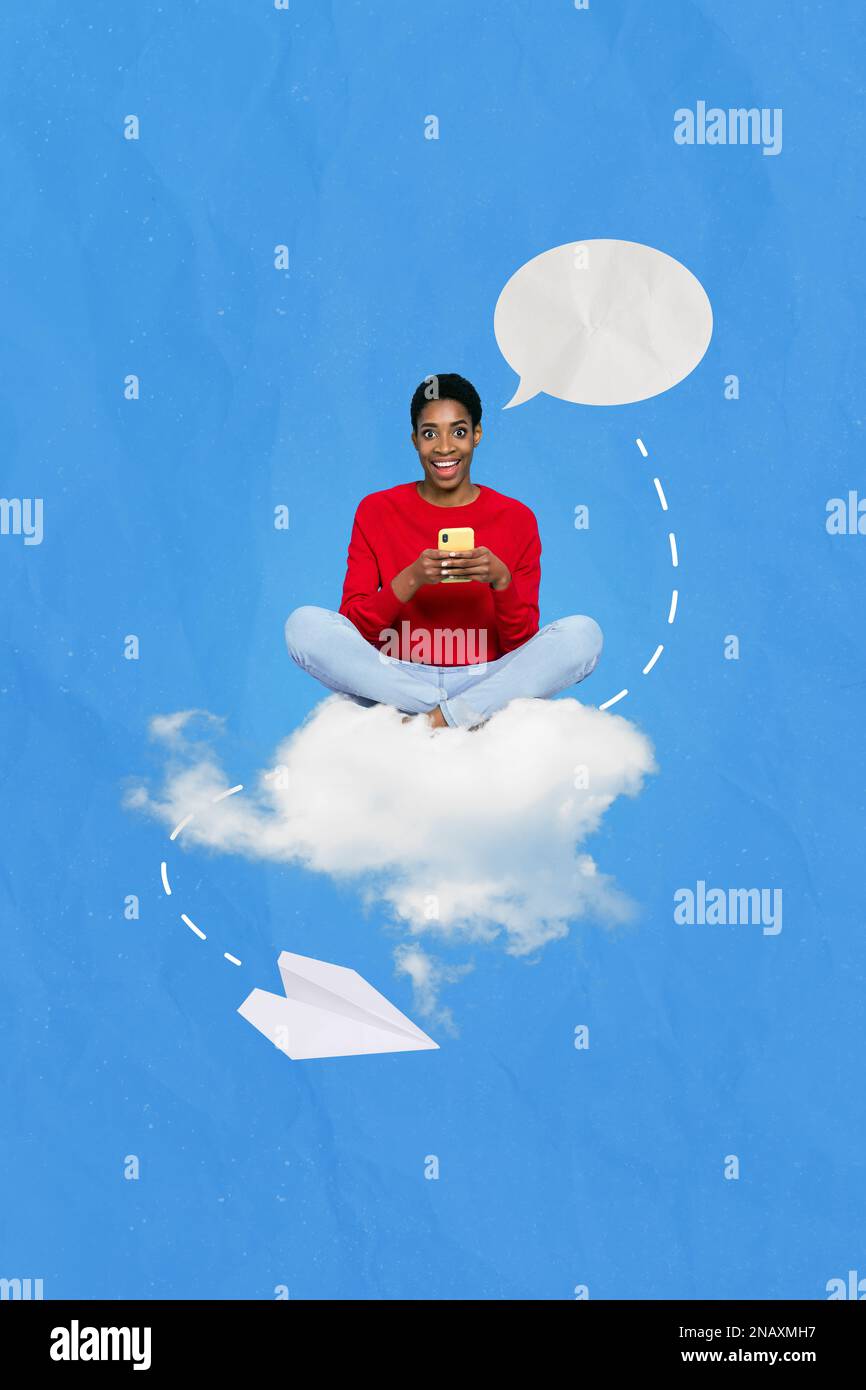 Collage creative photo picture poster postcard artwork of happy girl sit clouds write friends followers isolated on painted background Stock Photo