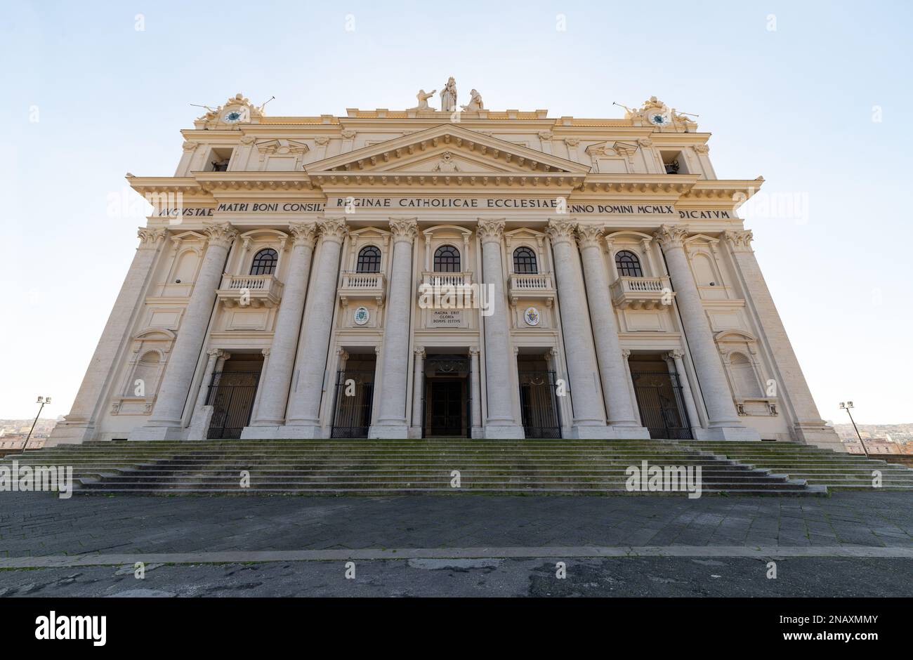 Naples - Italy - February 2, 2023:exterior facade of the Christian Basilica of the Incoronata Madre del Buon Consiglio -Mother Basilica of Good Counse Stock Photo