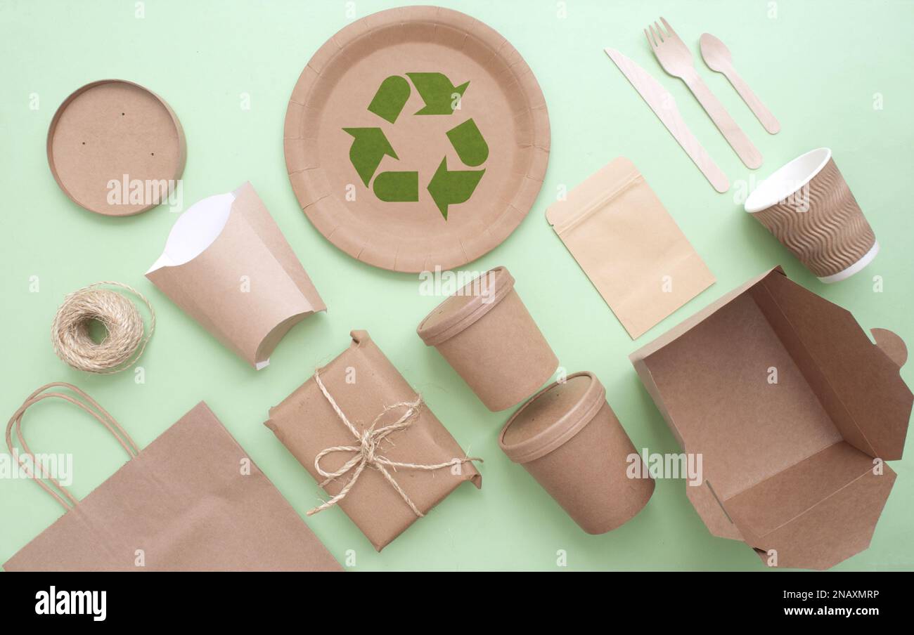 Collection of sustainable packaging, low carbon green revolution concept Stock Photo