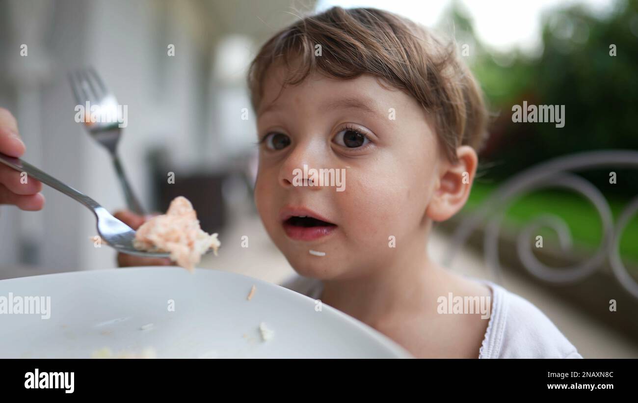 Mother feeding little boy lunch at home backyard. Little boy eating ...