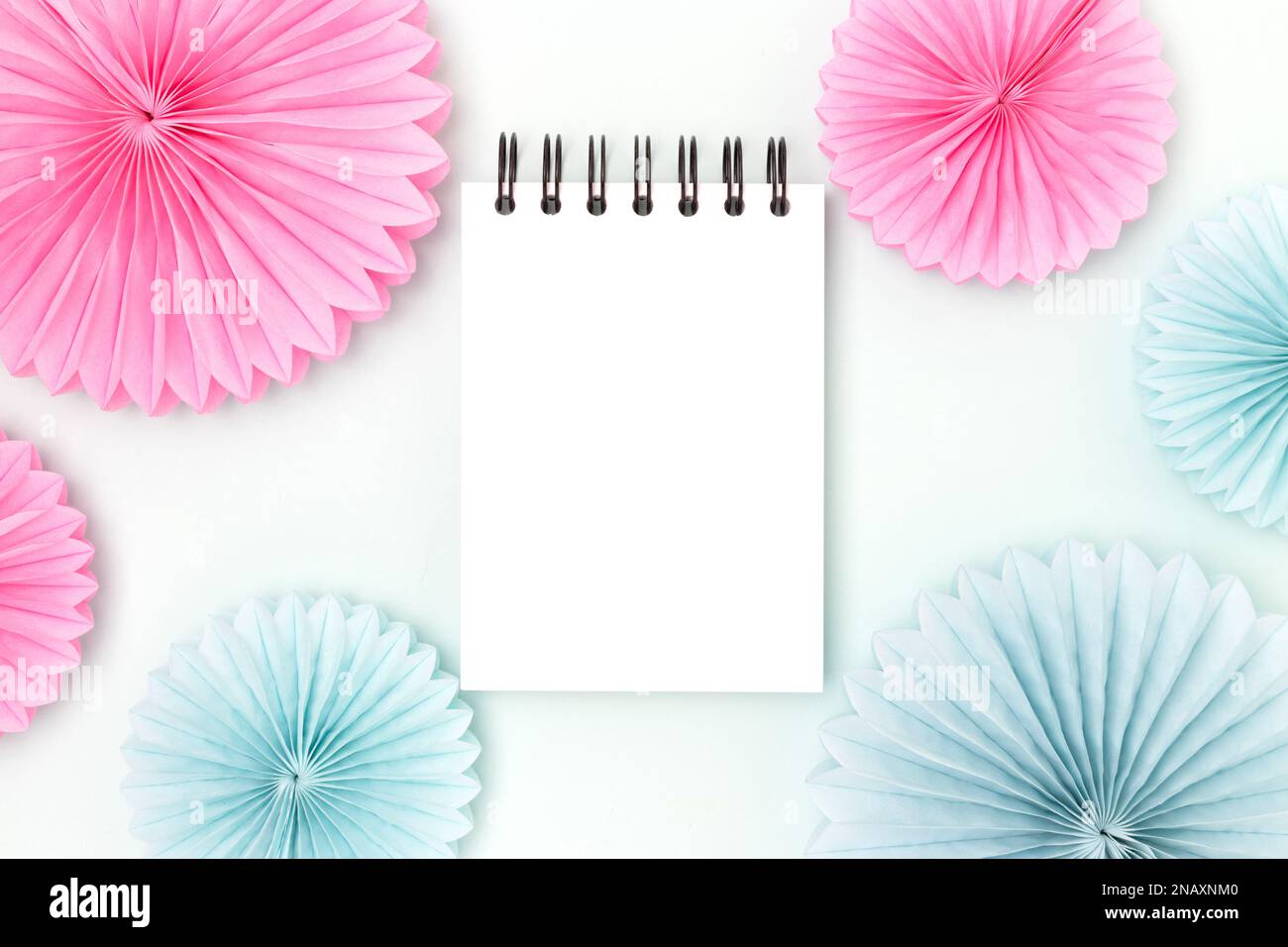 Clean notepad mockup and tissue paper fans on a blue background ...