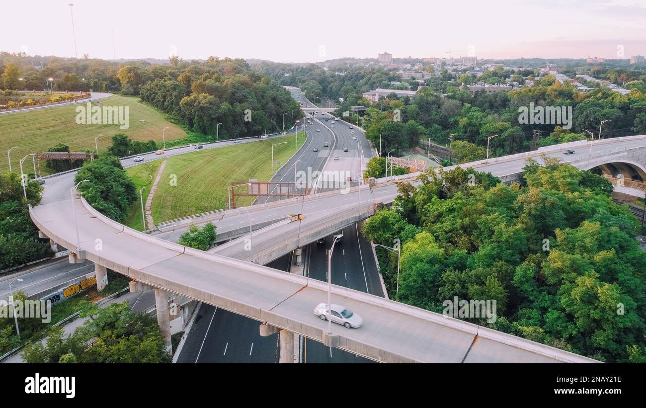An aerial view of overlapping highways and roads in downtown Baltimore