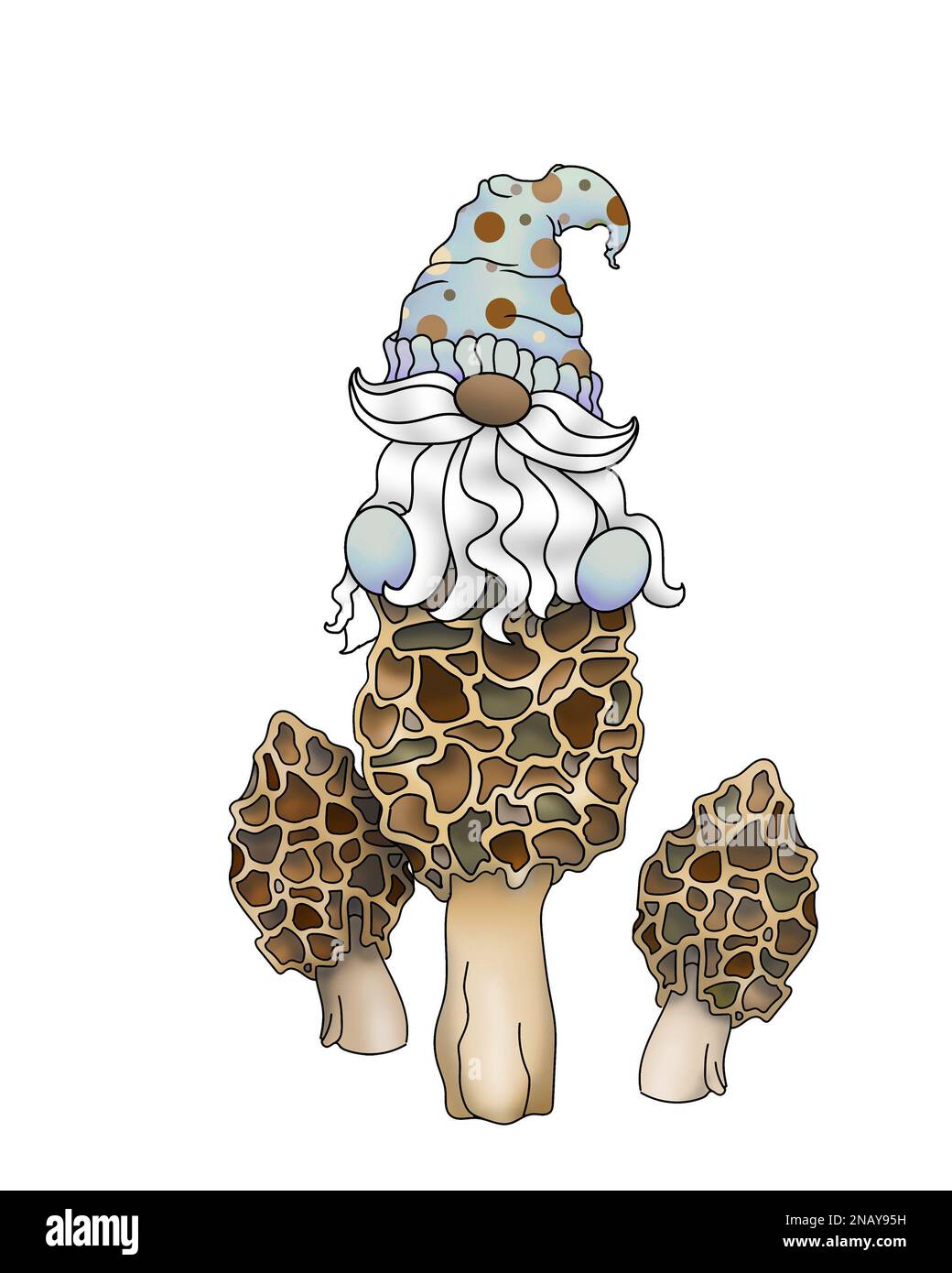 Illustration of a cute bearded gnome sitting on a sponge mushroom
