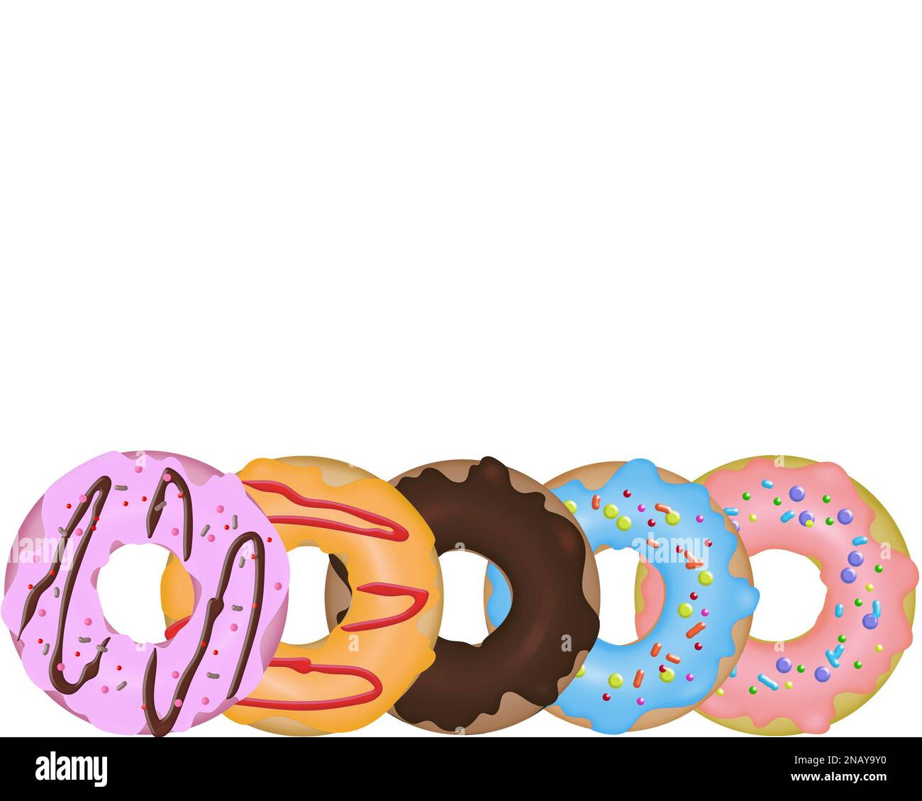Illustrated frame or border of colorful iced donuts on a white background. Area for text. Stock Photo