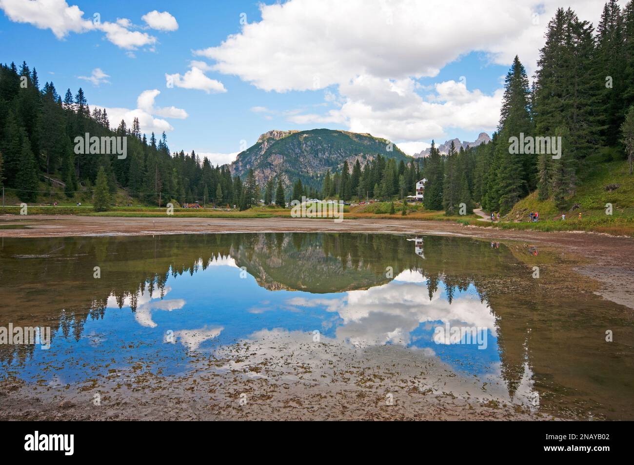 Misurina lake during drought (summer 2022), Auronzo di Cadore, Veneto, Italy Stock Photo