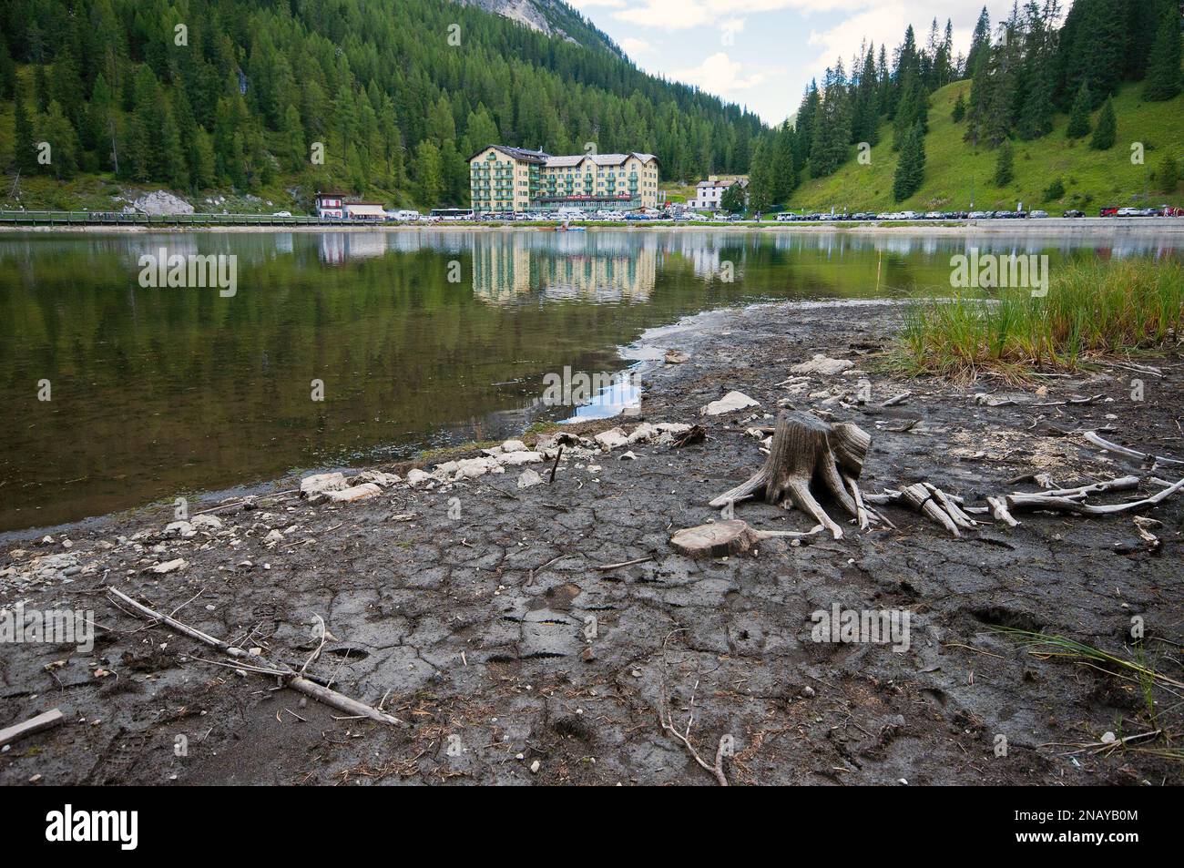 Misurina lake during drought (summer 2022), Auronzo di Cadore, Veneto, Italy Stock Photo