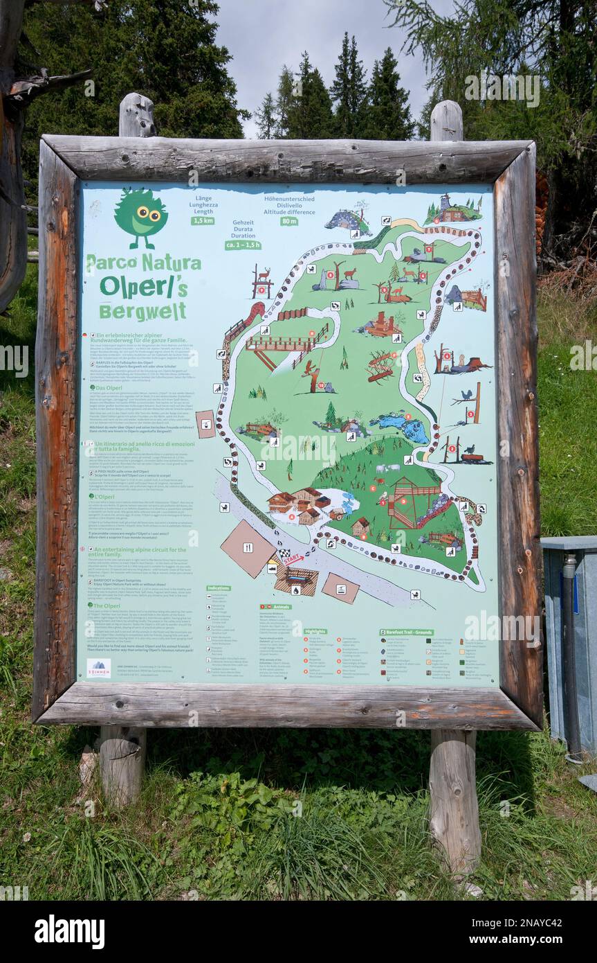 Sign map in Olperl Bergwelt Nature Park at the top station of the Monte Elmo cable car, Sesto (Sexten), Pusteria Valley, Trentino-Alto Adige, Italy Stock Photo