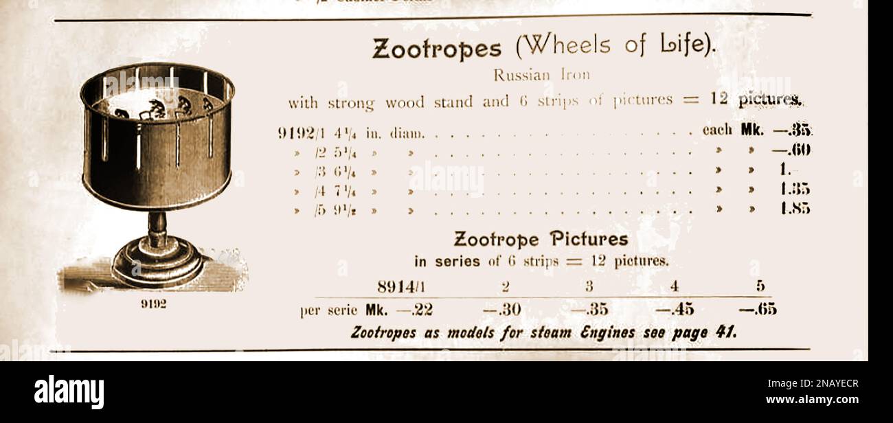 A Victorian British  advertisement for a Zootrope, also known as a Wheel of life and more commonly known as a Zoetrope. It was succeeded by the praxinoscope Stock Photo