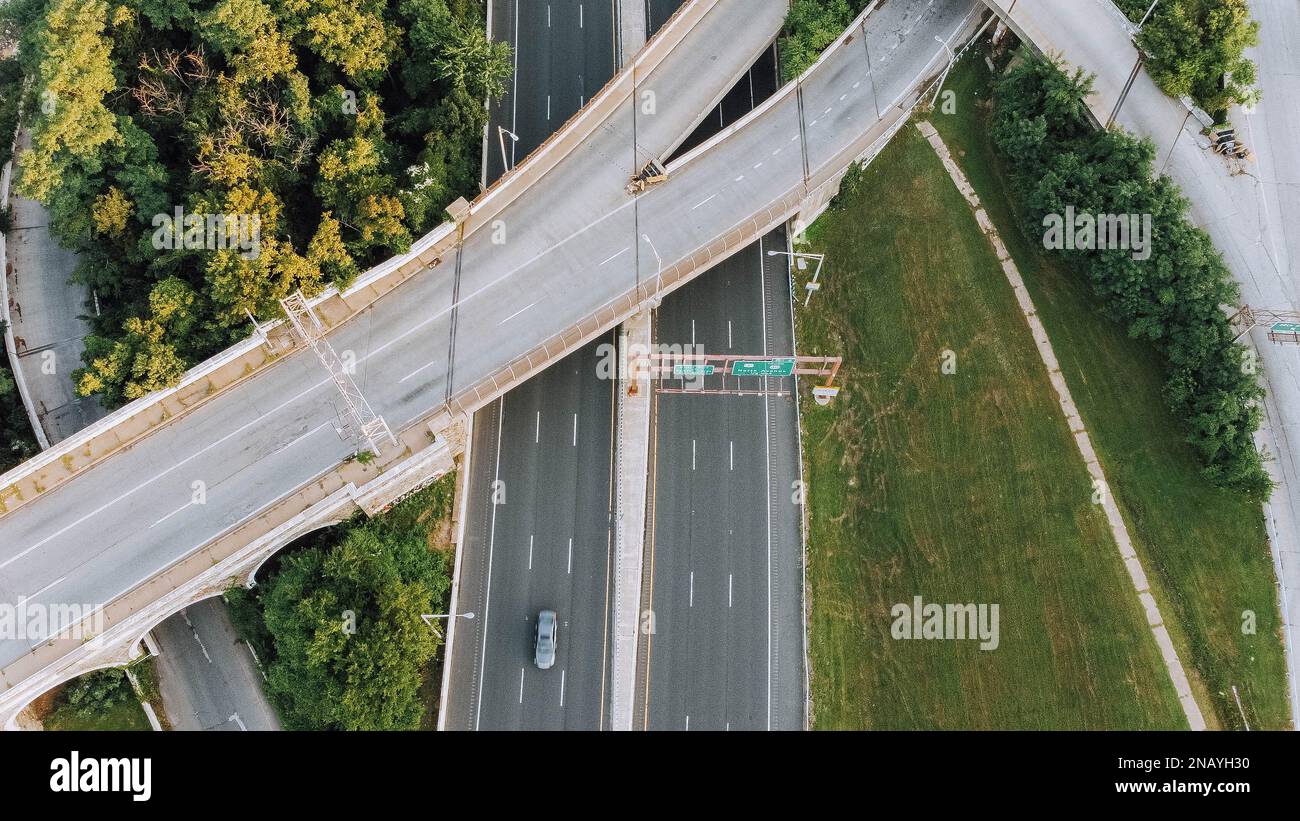 An aerial view of overlapping highways and roads in downtown Baltimore ...