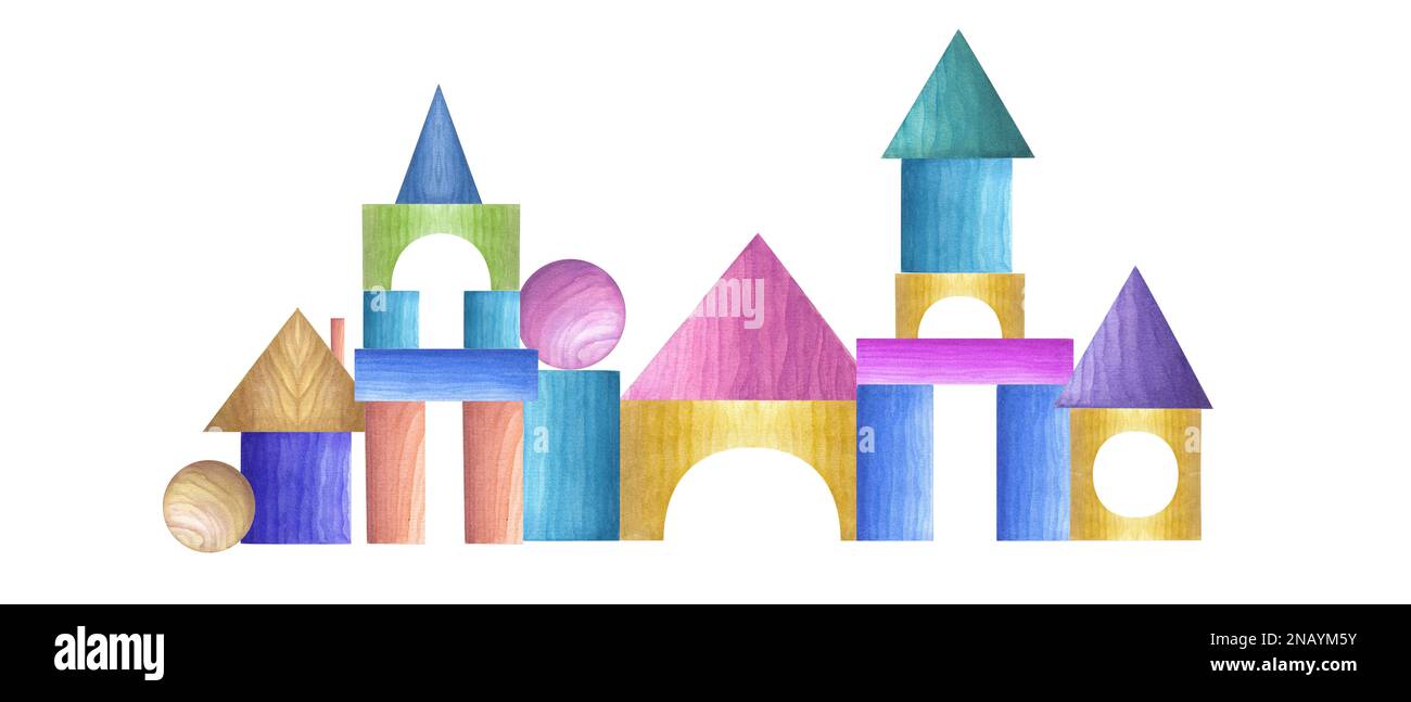 Watercolor illustration of a set of wooden building blocks isolated on